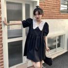 Puff-sleeve Floral Peter Pan Collar Dress Black - One Size