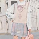 Long-sleeve Ruffled Blouse / Embroidered Plaid Mini A-line Skirt / Sweater Vest