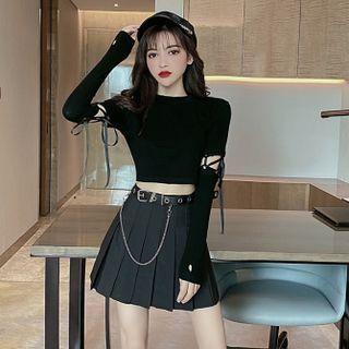 Cropped T-shirt / Set Of 2 : Cropped T-shirt + Accordion Pleat Skirt / Set Of 3 : Cropped T-shirt + Accordion Pleat Skirt With Belt