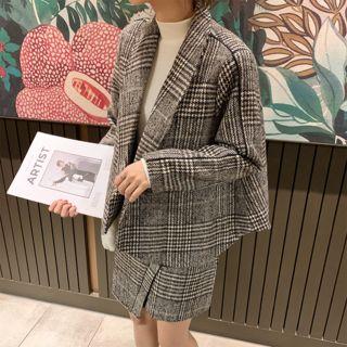 Set: Woolen Plaid Jacket + Mini Skirt
