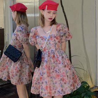 Puff-sleeve Square Neck Floral Mini A-line Dress