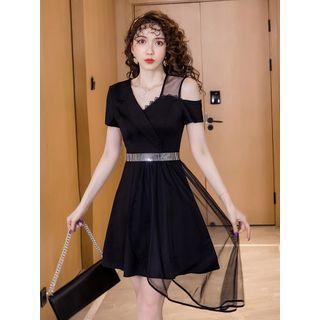 Mesh Panel Asymmetric A-line Mini Dress