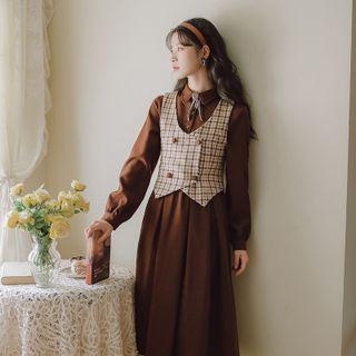 Set: Midi A-line Shirtdress + Double-breasted Plaid Vest