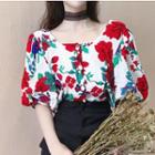 Floral Print Square-neck Short-sleeve Blouse Red - One Size