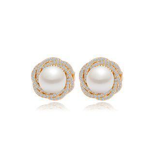Fashion And Elegant Plated Gold Flower Imitation Pearl Earrings With Cubic Zirconia Golden - One Size