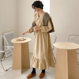 Wide-collar Ruffled Long Dress