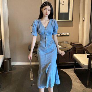 V-neck Puff-sleeve Maxi Irregular Dress