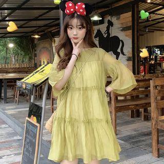Bell-sleeve Round Neck Ruffle Trim Mini A-line Dress