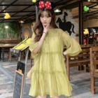 Bell-sleeve Round Neck Ruffle Trim Mini A-line Dress