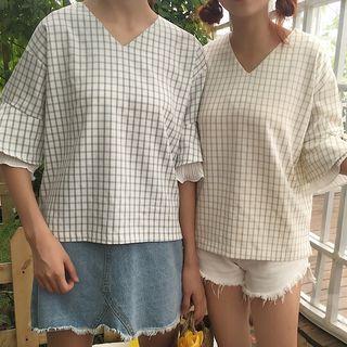 Check V-neck Elbow-sleeve Blouse
