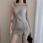 Short-sleeve Cold Shoulder Drawstring Sheath Dress