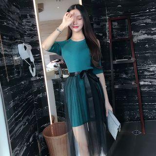 Set: Cold Shoulder Elbow-sleeve Knit Dress + Mesh Midi Skirt