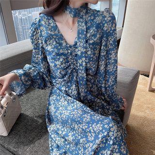 Floral V-neck Drawstring Midi A-line Dress