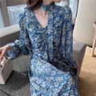 Floral V-neck Drawstring Midi A-line Dress