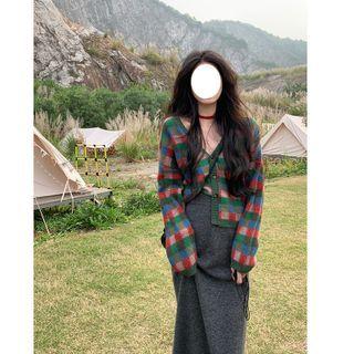 Plaid Cardigan Plaid - Red - M