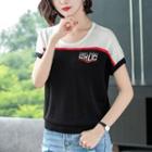 Contrast Color Letter Embroidered Short-sleeve Knit Top