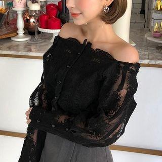 Set: Long-sleeve Off Shoulder Lace Top + Camisole Top