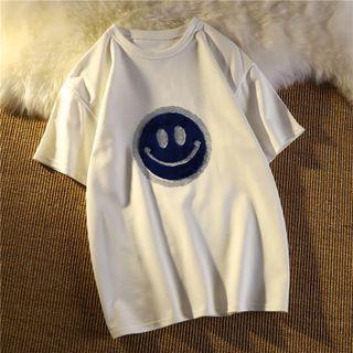 Short-sleeve Rhinestone Smiley Face T-shirt