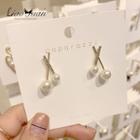 Rhinestone Faux Pearl Cross Earring 1 Pair - As Shown In Figure - One Size