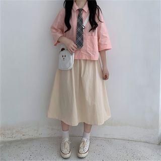3/4-sleeve Tie-neck Shirt / Plain Midi A-line Skirt