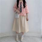 3/4-sleeve Tie-neck Shirt / Plain Midi A-line Skirt
