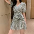 Puff-sleeve Floral Print Drawcord A-line Mini Dress