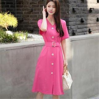 Cuff-sleeve Button-front Dress