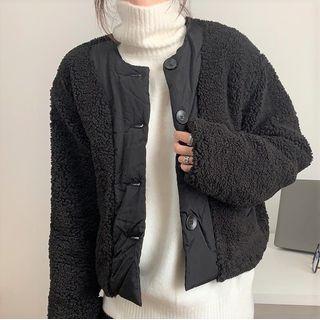 Faux Shearling Button Jacket Black - One Size
