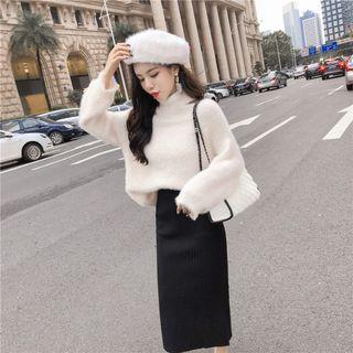 Set: Mock Neck Cutout Furry Sweater + Knit Midi H-line Skirt Set - Off-white & Black - One Size