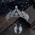 Wedding Set: Rhinestone Leaf Tiara + Dangle Earring Set Of 2 - Tiara & Clip On Earring - Silver - One Size