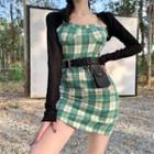 Spaghetti Strap Two-tone Plaid Mini Sheath Dress / Long Sleeve Bolero / Belt Bag