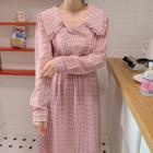 Long-sleeve Double Breasted Plaid Midi Dress Plaid - Pink - One Size