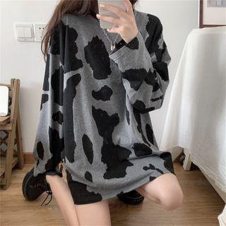 Printed Over-sized Round-neck Long-sleeve Top As Shown In Figure - One Size