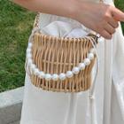 Faux Pearl Strap Straw Bucket Bag Khaki - One Size