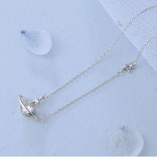 925 Sterling Silver Rhinestone Planet Necklace X119 - Silver - One Size