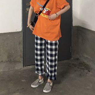 Printed Short-sleeve T-shirt / Gingham Wide Leg Pants