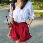 Elbow-sleeve Cropped Top / Frill Trim Wide-leg Shorts