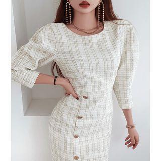 Puff-sleeve Button-trim Tweed Dress