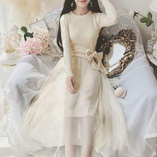 Set: Long-sleeve Ribbon Knit Top + Spaghetti Strap Mesh Paneled A-line Midi Dress