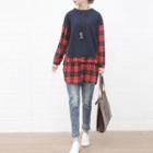 Mock Two-piece Long-sleeve Plaid Panel Knit Top