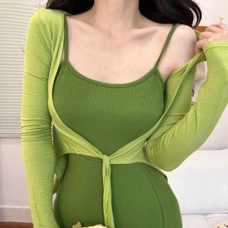 Spaghetti-strap Slit Sheath Dress / Tie-front Cardigan