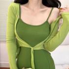 Spaghetti-strap Slit Sheath Dress / Tie-front Cardigan