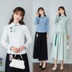 Long-sleeve Embroidered Qipao Top / Midi A-line Skirt