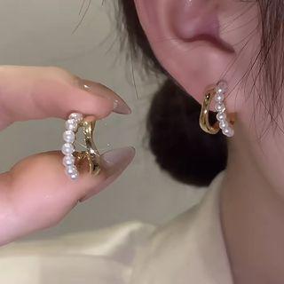 Faux Pearl Open Hoop Earring Nd-635 - Pearl - Gold & White - One Size