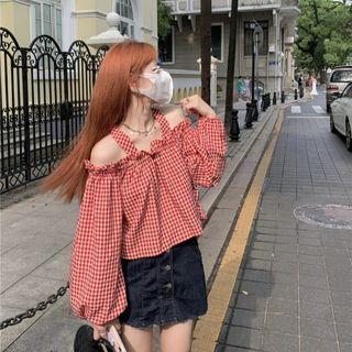 Puff-sleeve Plaid Blouse Plaid - Red - One Size