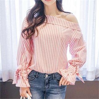 Off-shoulder Tie-detail Striped Top