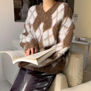 V-neck Fuzzy Argyle Sweater