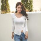 Frill-edge Cutout Slim-fit T-shirt