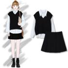 Long-sleeve Shirt / Vest / Mini A-line Skirt