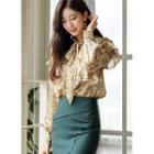 Tie-neck Ruffled Floral Blouse Beige - One Size